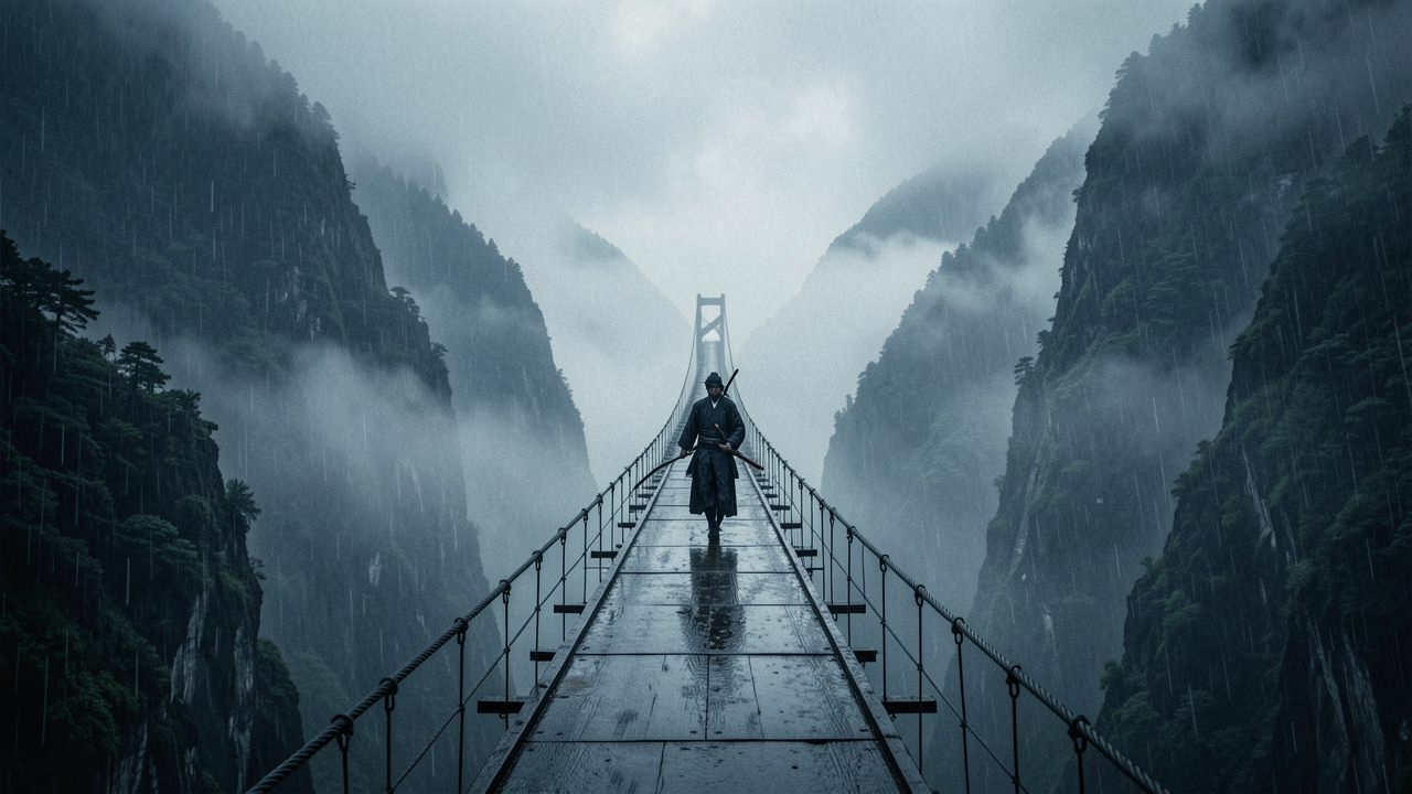 Samurai solitário caminhando por ponte suspensa entre montanhas, chuva e neblina